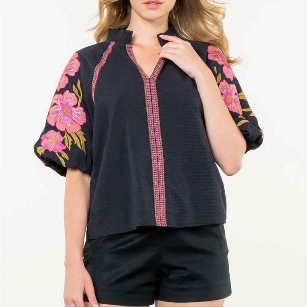 THML Black Blouse with Pink Floral Embroidery